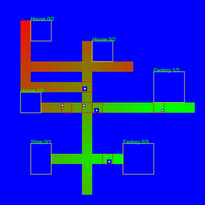 A grid-based city, with different colours representing the strength of the "pheremone"