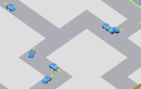 An animation of cars driving around corners